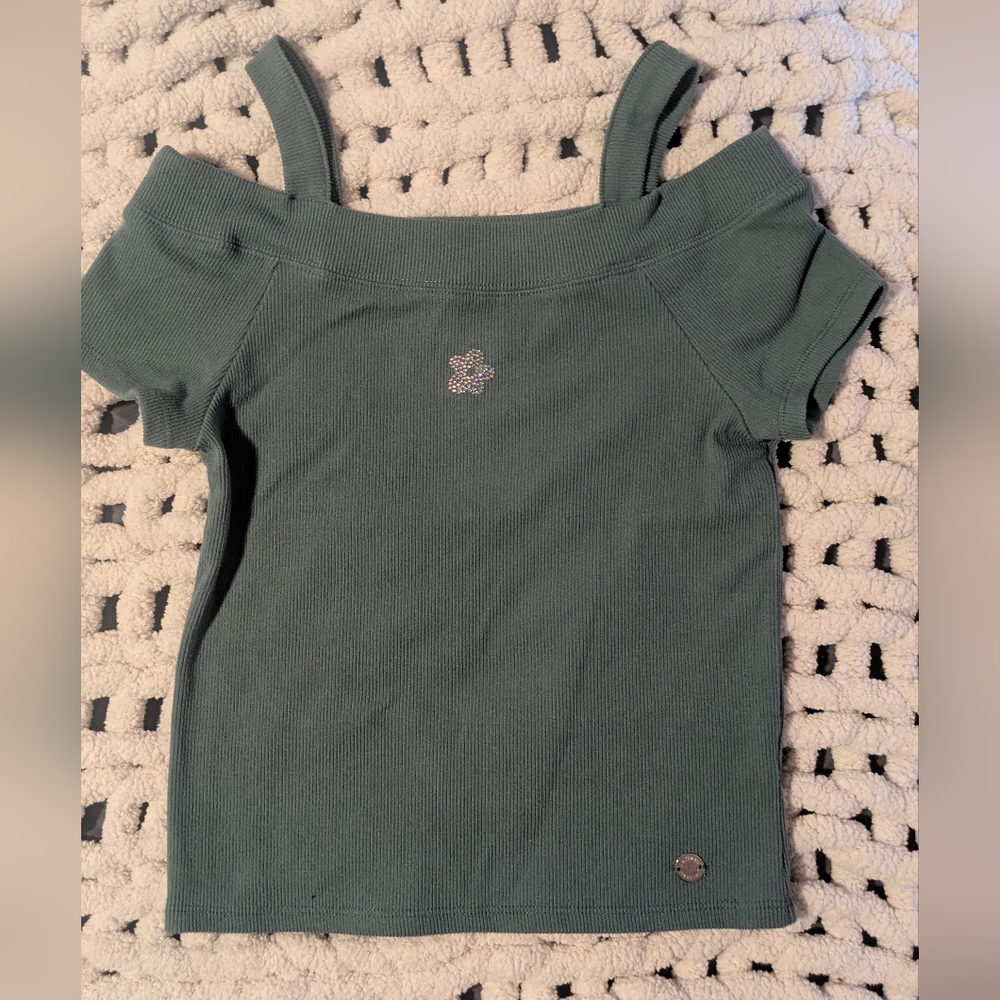 Limited Too Green Ribbed Cold-Shoulder Top with Flower Accent